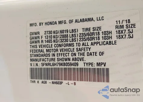 2019 Honda Odyssey Ex-L z USA, uszkodzony, nr VIN 5FNRL6H79KB059409